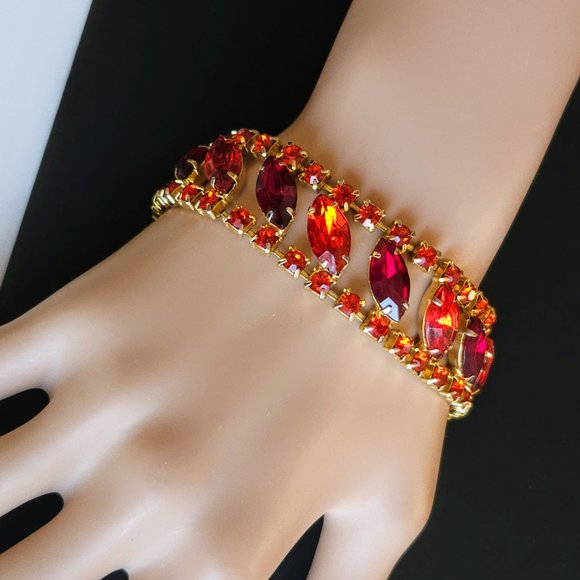 Vintage Orange & Red Rhinestone Flat Bracelet - Picture 4 of 9